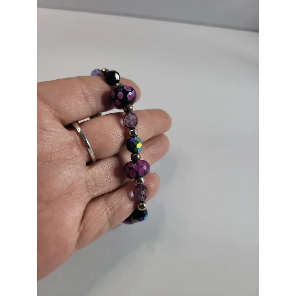 Pink Black Purple Beaded Stretch Bracelet with floral Dot Pattern